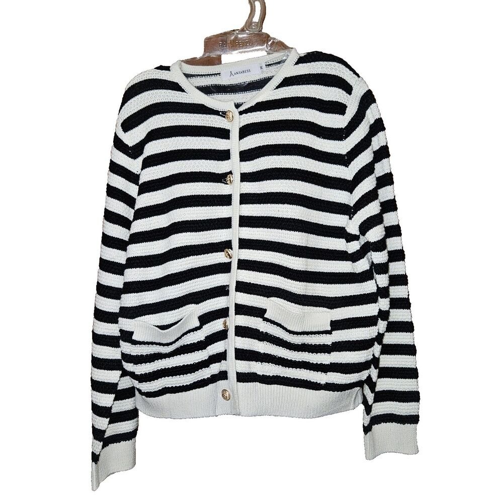 ANRABESS M Striped Cardigan Sweater Black & White Gold‎ Button Jacket Nautical